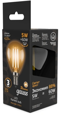 Лампа филам. Gauss Filament 5Вт цок.:E14 свеча 220B св.свеч.бел.теп. (упак.:10шт) (105801105)