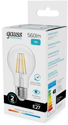Лампа филам. Gauss Filament 7Вт цок.:E27 груша 220B св.свеч.бел.нейт. (упак.:10шт) (22227)