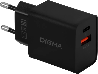 Сетевое зар./устр. Digma DGW2D 20W 3A+1A (PD+QC) USB-C/USB-A универсальное черный (DGW2D0F110BK)