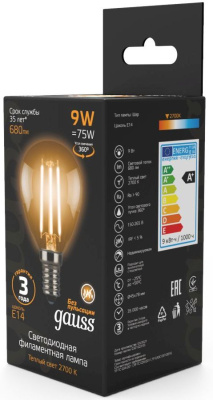 Лампа филам. Gauss Filament 9Вт цок.:E14 шар 220B 2700K св.свеч.бел.теп. (упак.:10шт) (105801109)