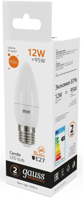 Лампа светодиодная Gauss Elementary 30212 12Вт цок.:E27 свеча 220B 3000K св.свеч.бел.теп. (упак.:10шт)