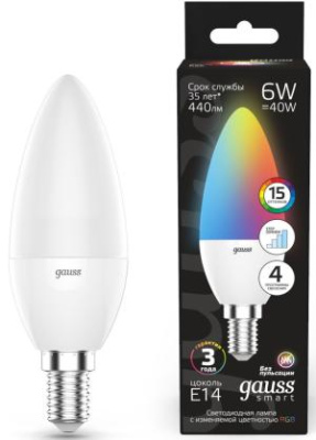 Лампа светодиодная Gauss 103101406 6Вт цок.:E14 свеча 220B св.свеч.RGB (упак.:1шт)