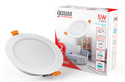 Светильник Gauss Elementary Downlight 5Вт 4000K белый круглый (9100420205)
