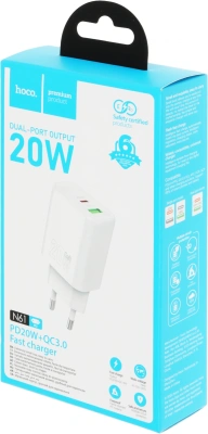 Сетевое зар./устр. Hoco N61 Gentle 20W 3A (PD+QC) USB-A/Type-C универсальное белый (44242)