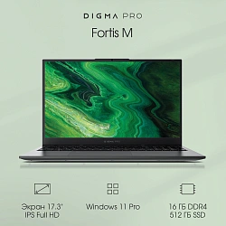 Ноутбук Digma Pro Fortis M Core i3 1005G1 16Gb SSD512Gb Intel UHD Graphics 17.3" IPS FHD (1920x1080) Windows 11 Pro grey WiFi BT Cam 5500mAh (DN17P3-ADXW03)