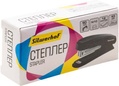 Степлер Silwerhof 401072-01 N10 (12листов) черный 50скоб пластик закрытый коробка