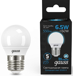 Лампа светодиодная Gauss 105102307 6.5Вт цок.:E27 шар 220B св.свеч.бел.хол. (упак.:10шт)