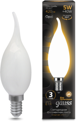 Лампа филам. Gauss Filament 5Вт цок.:E14 свеча 220B св.свеч.бел.теп. (упак.:10шт) (104201105)