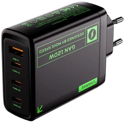 Сетевое зар./устр. Movespeed Pro AC120 100W 5A+3A+2.5A+2.25A+1.5A (PD+QC+AFC) USB/3xUSB Type-C универсальное черный/зеленый