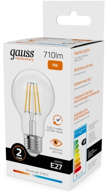Лампа филам. Gauss Filament 9Вт цок.:E27 груша 220B св.свеч.бел.теп. (упак.:10шт) (22219)