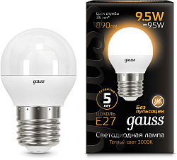 Лампа светодиодная Gauss 9.5Вт цок.:E27 шар 220B св.свеч.бел.теп. P45 (упак.:1шт) (105102110)