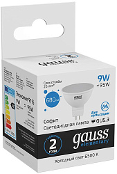 Лампа светодиодная Gauss Elementary MR16 9Вт цок.:GX5.3 спот 220B св.свеч.бел.хол. MR16 (упак.:10шт) (13539)