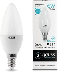 Лампа светодиодная Gauss Elementary 6Вт цок.:E14 свеча 220B св.свеч.бел.нейт. С35 (упак.:1шт) (33126)