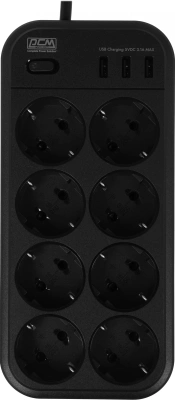 Сетевой фильтр Powercom SP-08 USB03AB 1.8м 1.8м (8 розеток) черный (коробка)