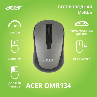 Мышь Acer OMR134 серый оптическая 1000dpi беспров. USB для ноутбука 3but (ZL.MCEEE.01H)