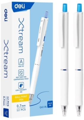 Ручка шариков. автоматическая Deli Xtream EQ42-BL белый/синий d=0.7мм син. черн. 1стерж. игловидный пиш. наконечник кругл. резин. манжета синий
