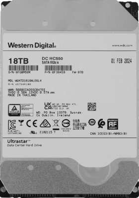 Жесткий диск WD SATA-III 18TB 0F38459 WUH721818ALE6L4 Server Ultrastar DC HC550 512E (7200rpm) 512Mb 3.5"