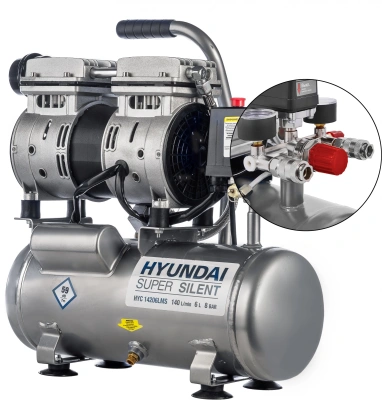 Компрессор поршневой Hyundai HYC 14206LMS безмасляный 140л/мин 6л 750Вт серебристый