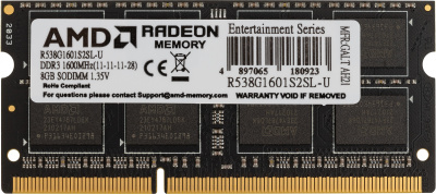 Память DDR3L 8Gb 1600MHz AMD R538G1601S2SL-U RTL PC3-12800 CL11 SO-DIMM 204-pin 1.35В Ret
