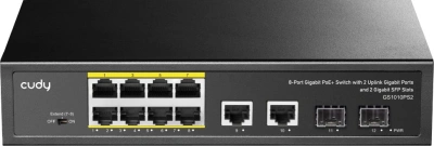 Коммутатор Cudy GS1010PS2 (L2) 10x1Гбит/с 2xКомбо(1000BASE-T/SFP) 2SFP 8PoE 120W неуправляемый