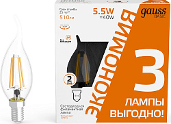 Лампа светодиодная Gauss Basic 1041116T 5.5Вт цок.:E14 свеча 220B св.свеч.бел.теп. (упак.:3шт)