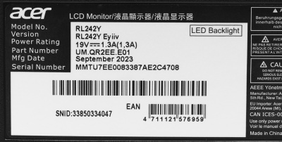 Монитор Acer 23.8" Vero RL242YEyiiv темно-серый IPS LED 4ms 16:9 HDMI матовая 250cd 178гр/178гр 1920x1080 100Hz FreeSync VGA FHD 2.63кг