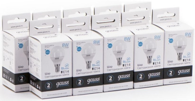 Лампа светодиодная Gauss Elementary 8Вт цок.:E14 шар 220B 4100K св.свеч.бел.нейт. P45 (упак.:10шт) (53128)