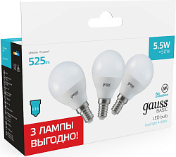 Лампа светодиодная Gauss Basic 10531252T 5.5Вт цок.:E14 шар 220B св.свеч.бел.нейт. (упак.:3шт)
