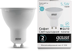 Лампа светодиодная Gauss 5.5Вт цок.:GU10 рефлек. 220B св.свеч.бел.нейт. MR16 (упак.:1шт) (13626)
