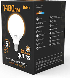 Лампа светодиодная Gauss G95 16Вт цок.:E27 шар 220B св.свеч.бел.теп. (упак.:1шт) (105102116)