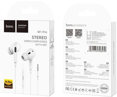 Гарнитура внутриканальные Hoco M1 Pro 1.2м белый проводные в ушной раковине