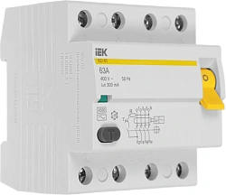 Выключатель дифф.тока УЗО IEK MDV10-4-063-300 ВД1-63 63A 300мА AC 4П 400В 4мод белый (упак.:1шт)