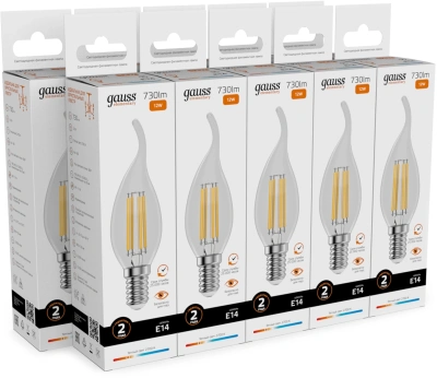 Лампа филам. Gauss Filament 12Вт цок.:E14 свеча 220B св.свеч.бел.теп. (упак.:10шт) (42112)