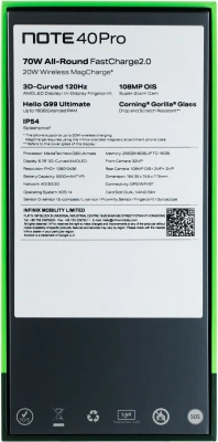 Смартфон Infinix X6850 Note 40 Pro 256Gb 12Gb зеленый моноблок 3G 4G 2Sim 6.78" 1080x2436 Android 14 108Mpix 802.11 a/b/g/n/ac NFC GPS GSM900/1800 GSM1900 Protect FM