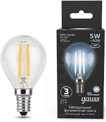 Лампа филам. Gauss Filament 5Вт цок.:E14 свеча 220B св.свеч.бел.нейт. (упак.:10шт) (105801205)