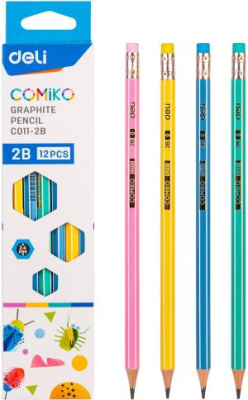 Карандаш ч/г Deli EC011-2B Comiko 2B шестигран. липа ассорти кор.европод. (12шт) ластик