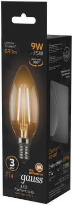 Лампа филам. Gauss 9Вт цок.:E14 свеча 220B 2700K св.свеч.бел.теп. C37 (упак.:10шт) (103801109)