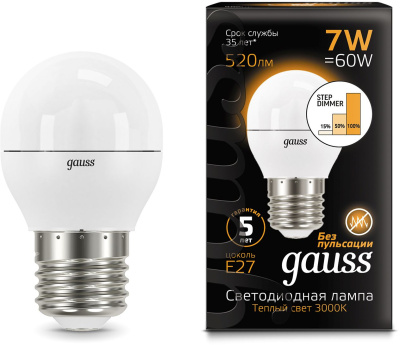 Лампа светодиодная Gauss Black 6.5Вт цок.:E27 шар 220B 3000K св.свеч.бел.теп. G45 (упак.:10шт) (105102107)