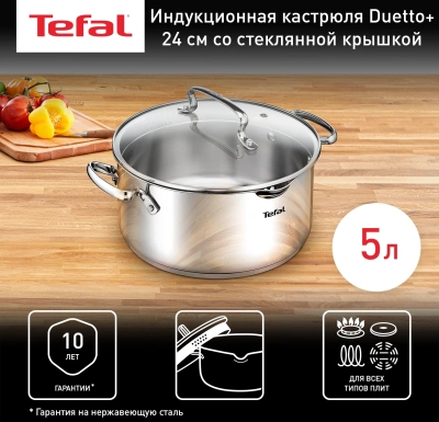 Кастрюля Tefal Duetto+ G7194655 4.7л. d=24см (с крышкой) стальной (2100113152)