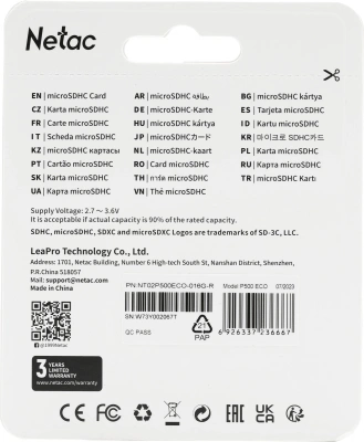 Флеш карта microSDHC 16GB Netac NT02P500ECO-016G-R P500 Eco + adapter