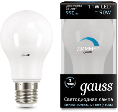 Лампа светодиодная Gauss 102502211-D 11Вт цок.:E27 груша 220B 4100K св.свеч.бел.нейт. A60 (упак.:1шт)