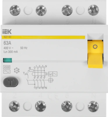Выключатель дифф.тока УЗО IEK MDV10-4-063-300 ВД1-63 63A 300мА AC 4П 400В 4мод белый (упак.:1шт)