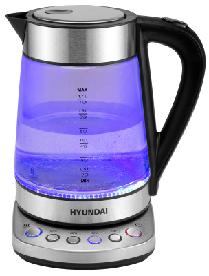 Чайник электрический Hyundai HYK-G3026 1.7л. 2200Вт серебристый/черный корпус: стекло/металл/пластик