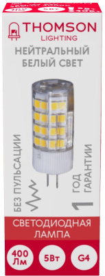 Лампа светодиодная Thomson TH-B4206 5Вт цок.:G4 капсул. 220B 4000K св.свеч.бел.нейт. (упак.:1шт)