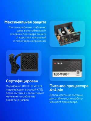 Блок питания Accord ATX 600W ACC-W600P 80+ white (20+4pin) 120mm fan 6xSATA RTL