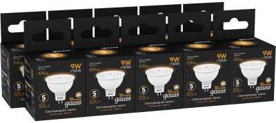 Лампа светодиодная Gauss 101505109 9Вт цок.:GU5.3 рефлек. 150B 3000K св.свеч.бел.теп. MR16 (упак.:1шт)