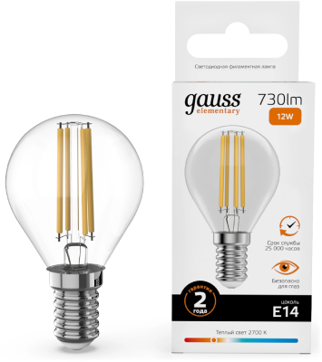 Лампа филам. Gauss Filament 12Вт цок.:E14 шар 220B св.свеч.бел.теп. (упак.:10шт) (52112)