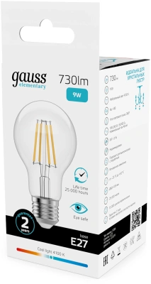 Лампа филам. Gauss Filament 9Вт цок.:E27 груша 220B св.свеч.бел.нейт. (упак.:10шт) (22229)
