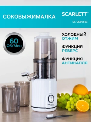 Соковыжималка шнековая Scarlett SC-JE50S63 400Вт рез.сок.:600мл. белый