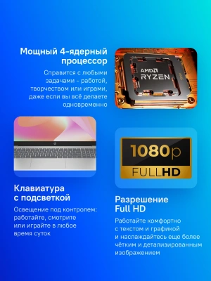 Ноутбук HP 15-fc0018nq Ryzen 5 7520U 16Gb SSD512Gb AMD Radeon 610M 15.6" IPS FHD (1920x1080) FreeDOS silver WiFi BT Cam (7K0R1EA)